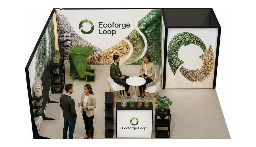 Stoisko 6 × 5 m narożne lewe dla branży recykling i ochrona środowiska, przykładowa marka Ecoforge Loop