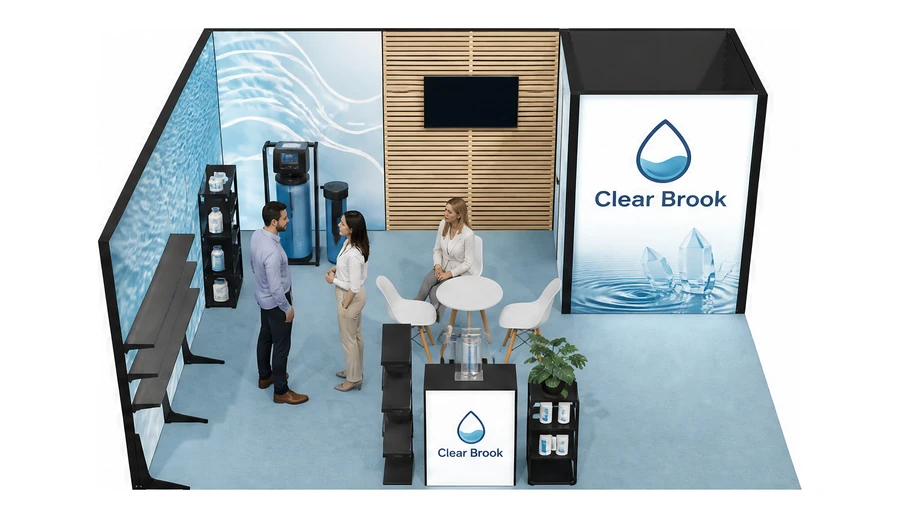 Stoisko 6 × 5 m narożne lewe dla branży technologie wodne, przykładowa marka Clear Brook