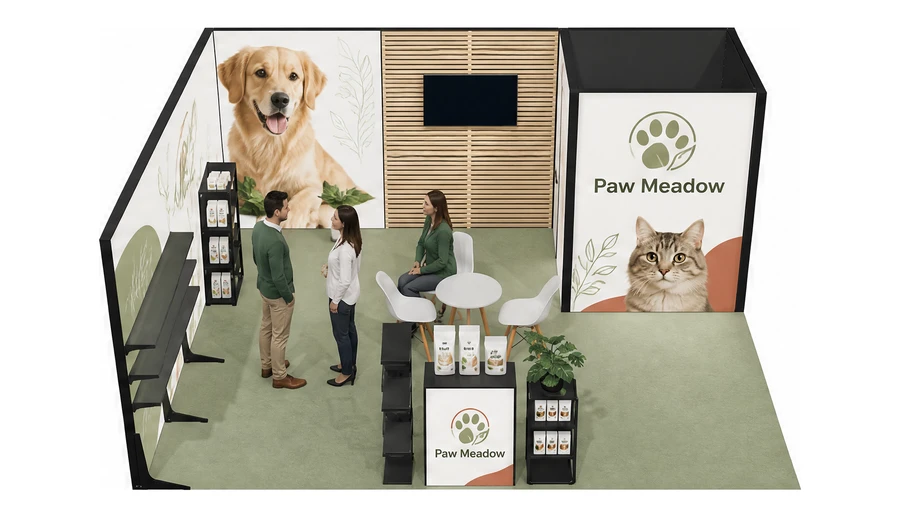 Stoisko 6 × 5 m narożne lewe dla branży weterynaria, przykładowa marka Paw Meadow