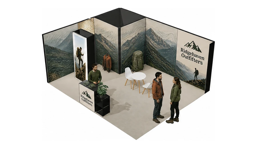 Stoisko 6 × 5 m narożne lewe dla branży odzież i sprzęt outdoorowy, przykładowa marka Ridgehaven Outfitters