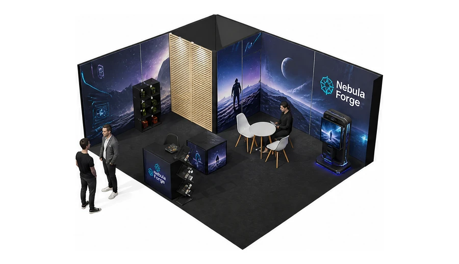 Stoisko 6 × 5 m narożne lewe dla branży gry wideo, przykładowa marka Nebula Forge