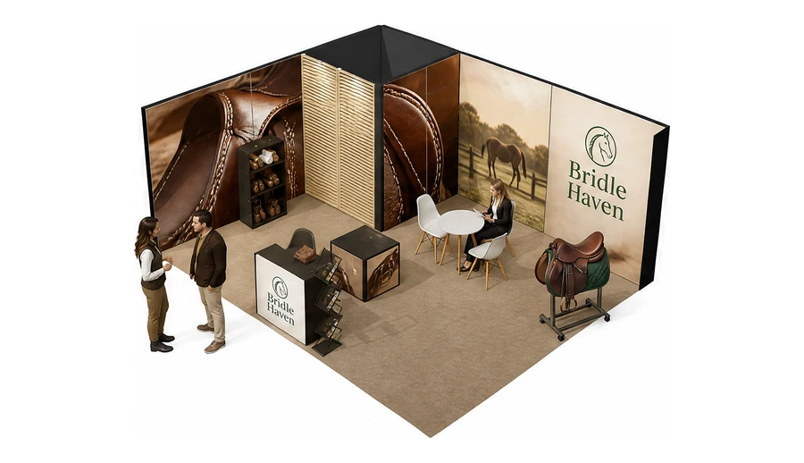 Stoisko 6 × 5 m narożne lewe dla branży jeździectwo, przykładowa marka Bridle Haven