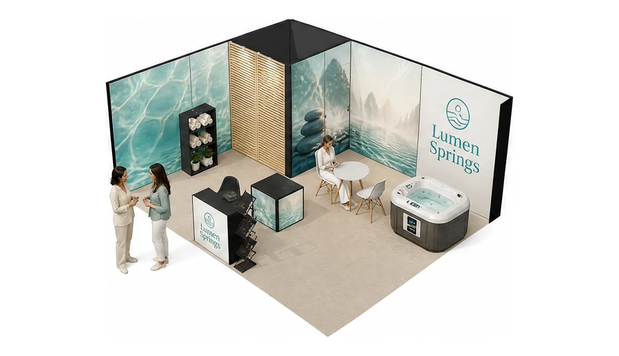 Stoisko 6 × 5 m narożne lewe dla branży spa i wellness, przykładowa marka Lumen Springs