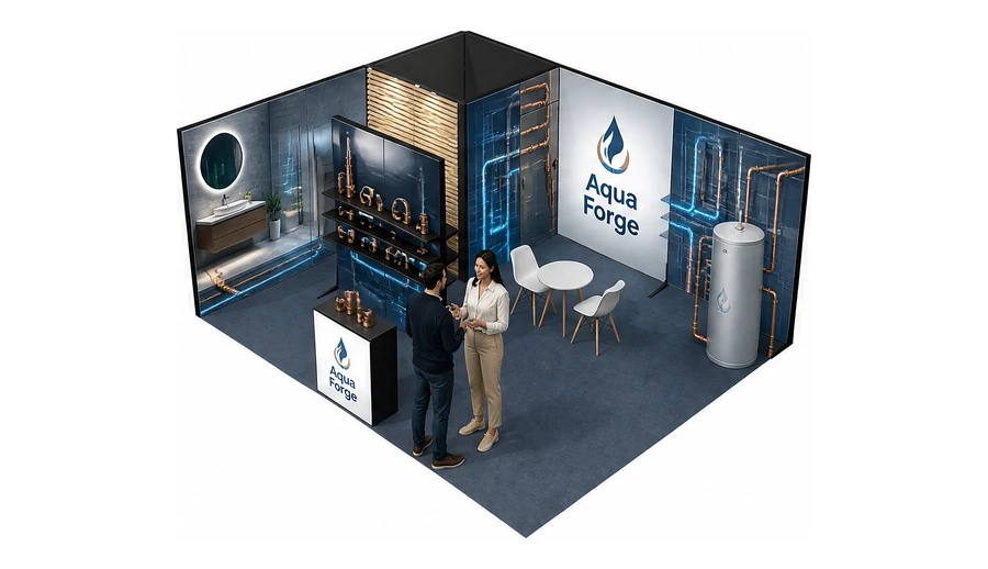 Stoisko 6 × 5 m narożne lewe dla branży instalacje wodno-kanalizacyjne, przykładowa marka Aqua Forge