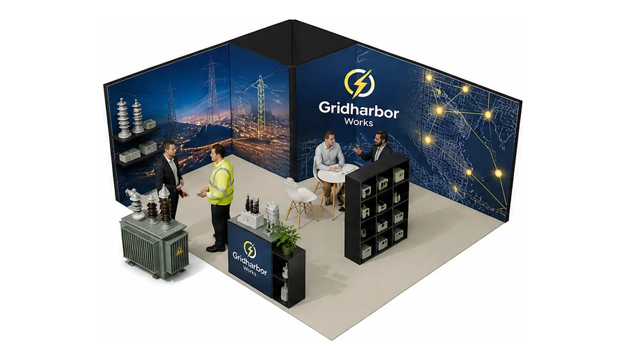 Stoisko 6 × 5 m narożne lewe dla branży energetyka i sieci, przykładowa marka Gridharbor Works