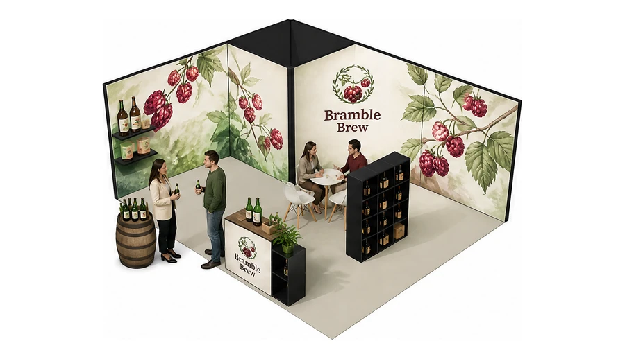 Stoisko 6 × 5 m narożne lewe dla branży napoje, przykładowa marka Bramble Brew