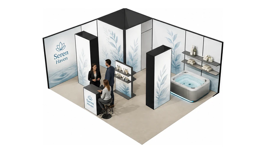 Stoisko 6 × 5 m narożne lewe dla branży spa i wellness, przykładowa marka Seren Haven