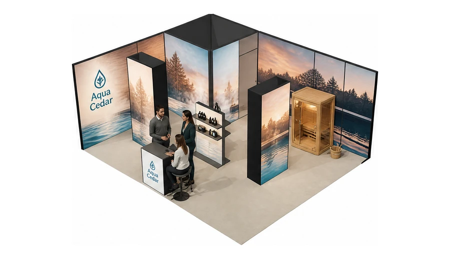 Stoisko 6 × 5 m narożne lewe dla branży baseny i sauny, przykładowa marka Aqua Cedar