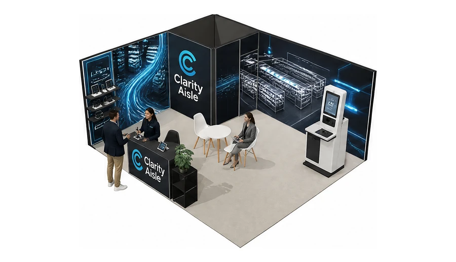 Stoisko 6 × 5 m narożne lewe dla branży technologie dla handlu, przykładowa marka Clarity Aisle