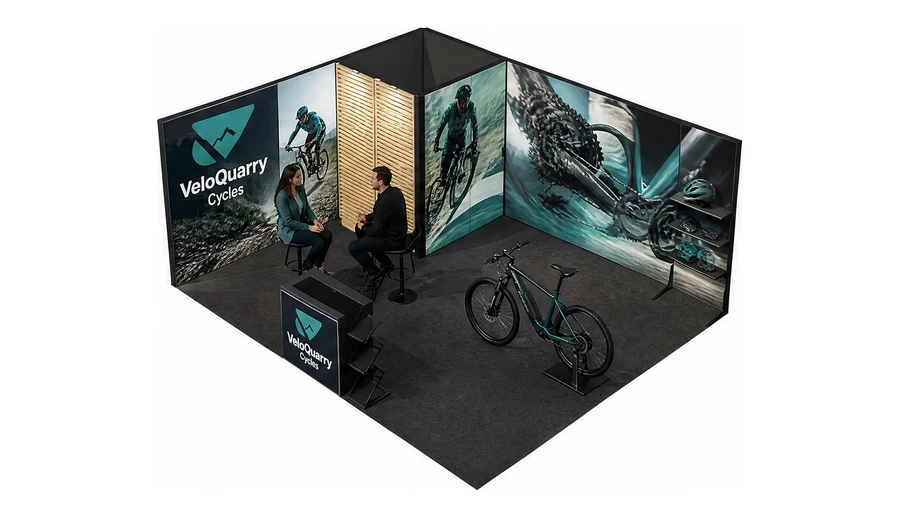 Stoisko 6 × 5 m narożne lewe dla branży rowery elektryczne, przykładowa marka VeloQuarry Cycles
