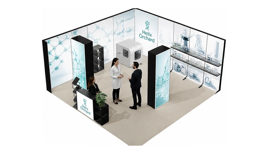 Stoisko 6 × 6 m narożne lewe dla branży farmacja i biotechnologia, przykładowa marka Helix Orchard