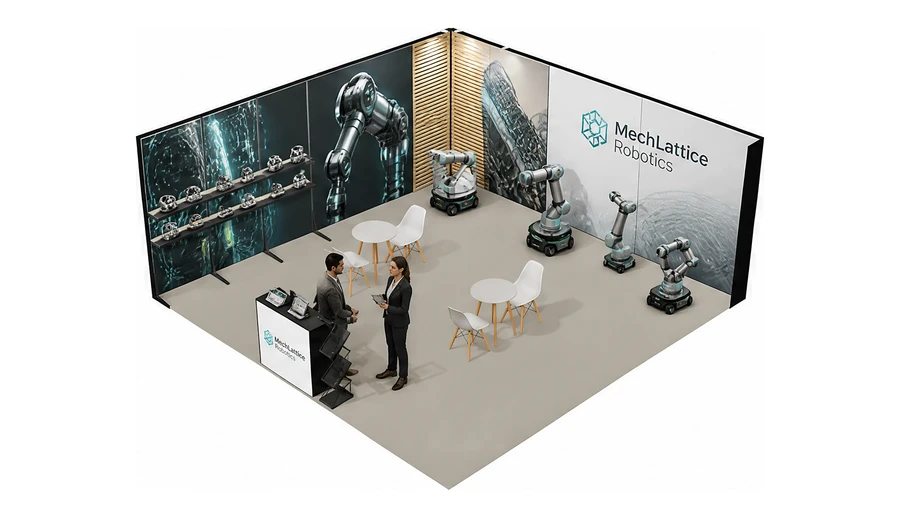 Stoisko 6 × 6 m narożne lewe dla branży automatyka przemysłowa, przykładowa marka MechLattice Robotics