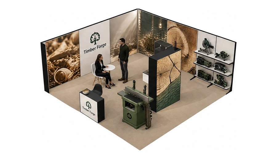 Stoisko 6 × 6 m narożne lewe dla branży maszyny do obróbki drewna, przykładowa marka Timber Forge