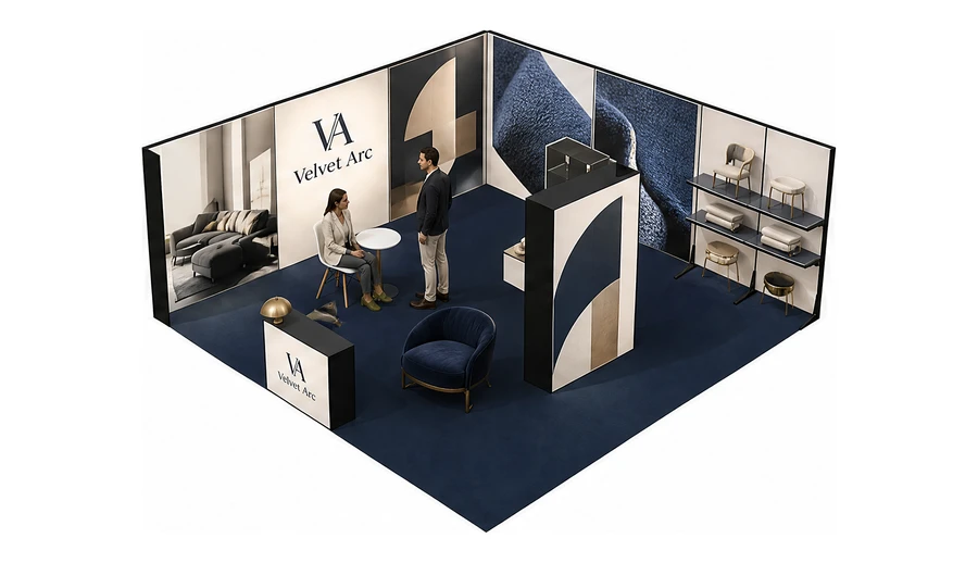 Stoisko 6 × 6 m narożne lewe dla branży meble designerskie, przykładowa marka Velvet Arc