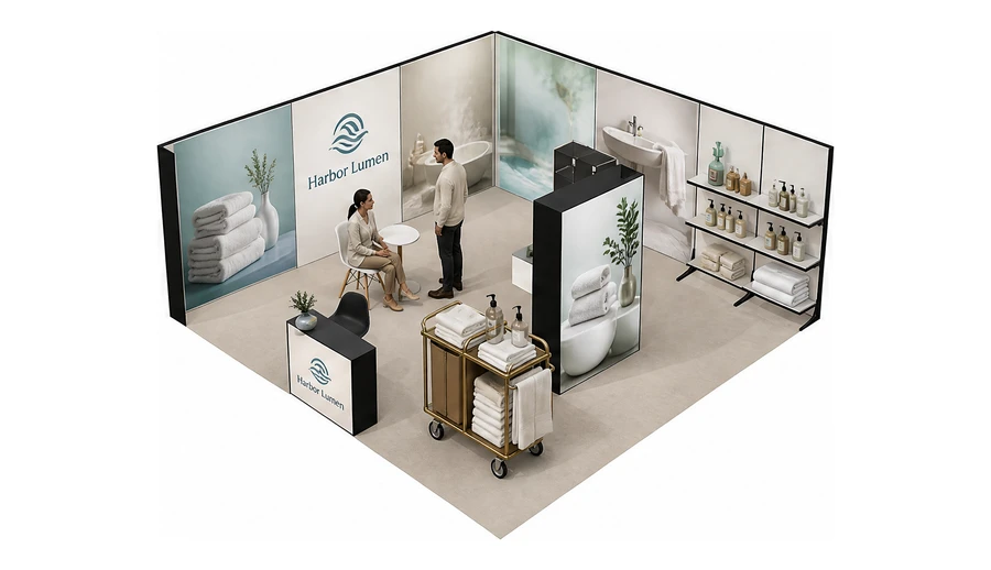 Stoisko 6 × 6 m narożne lewe dla branży wyposażenie hoteli, przykładowa marka Harbor Lumen