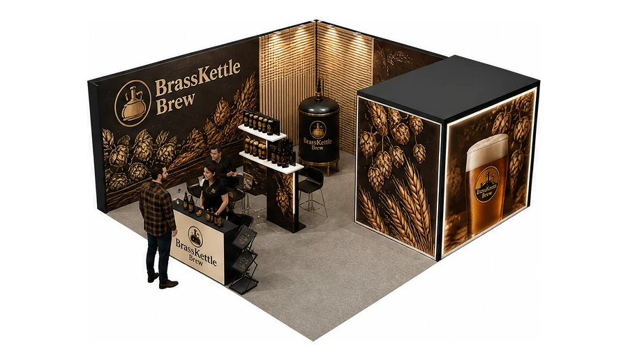 Stoisko 6 × 6 m narożne lewe dla branży browar rzemieślniczy, przykładowa marka BrassKettle Brew