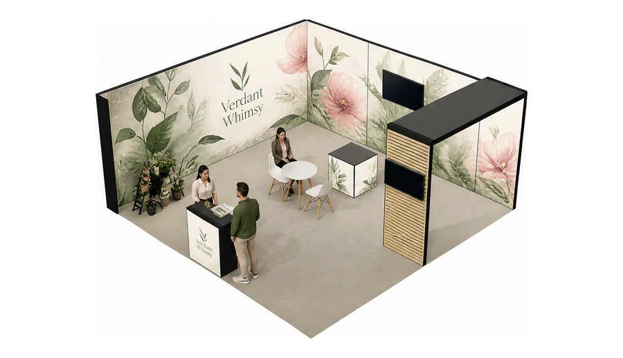 Stoisko 6 × 6 m narożne lewe dla branży rośliny i kwiaciarstwo, przykładowa marka Verdant Whimsy