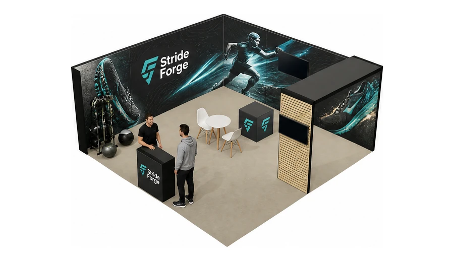 Stoisko 6 × 6 m narożne lewe dla branży sprzęt sportowy, przykładowa marka Stride Forge