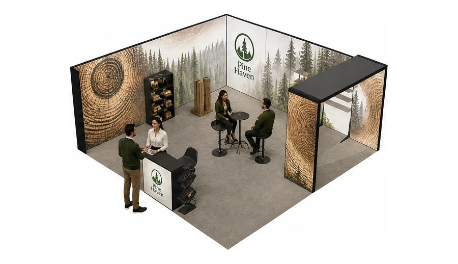 Stoisko 6 × 6 m narożne lewe dla branży leśnictwo i przemysł drzewny, przykładowa marka Pine Haven