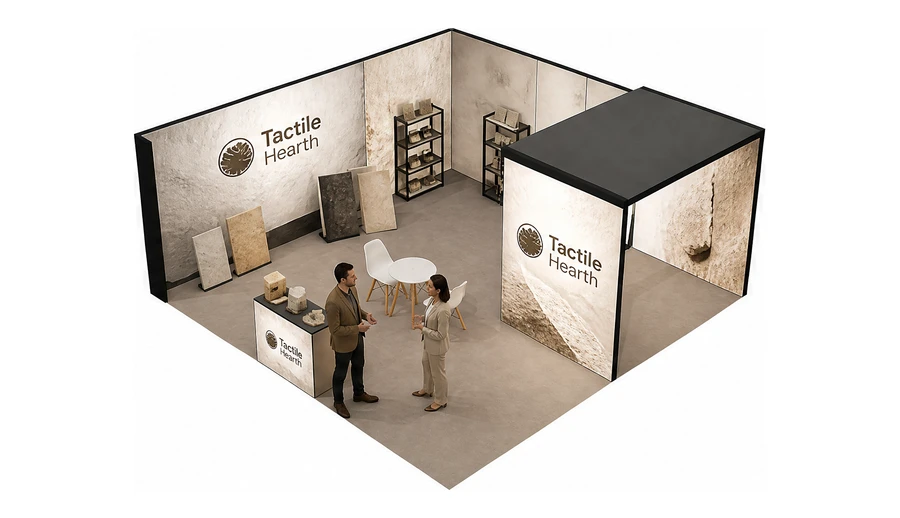 Stoisko 6 × 6 m narożne lewe dla branży wykończenie wnętrz, przykładowa marka Tactile Hearth