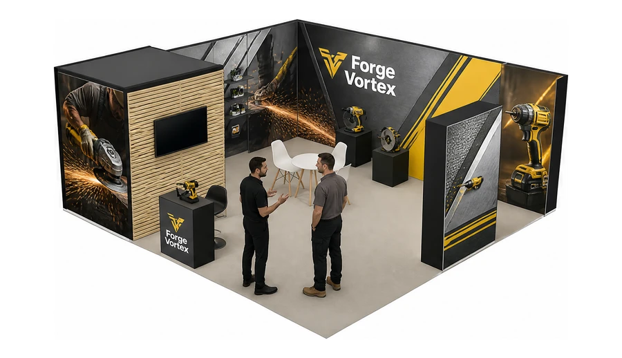 Stoisko 6 × 6 m narożne lewe dla branży elektronarzędzia, przykładowa marka Forge Vortex