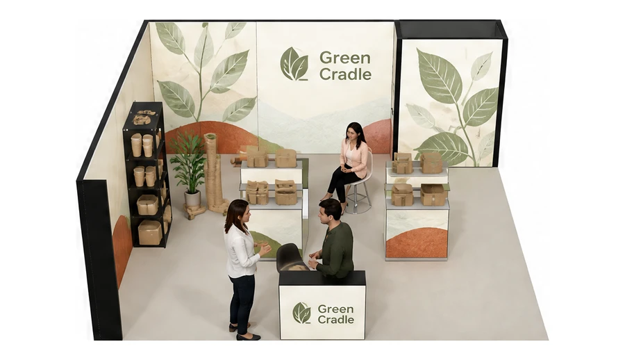Stoisko 6 × 6 m narożne lewe dla branży opakowania ekologiczne, przykładowa marka Green Cradle