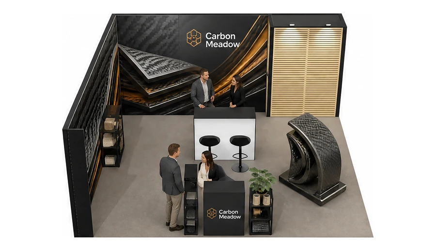 Stoisko 6 × 6 m narożne lewe dla branży materiały kompozytowe, przykładowa marka Carbon Meadow