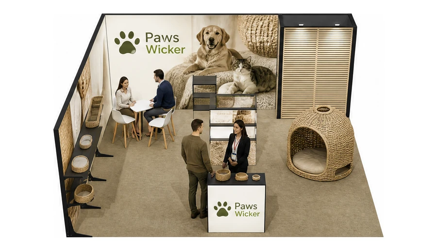 Stoisko 6 × 6 m narożne lewe dla branży akcesoria dla zwierząt, przykładowa marka Paws Wicker