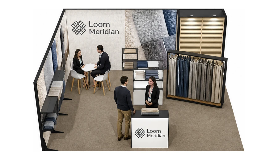 Stoisko 6 × 6 m narożne lewe dla branży tekstylia i tkaniny, przykładowa marka Loom Meridian