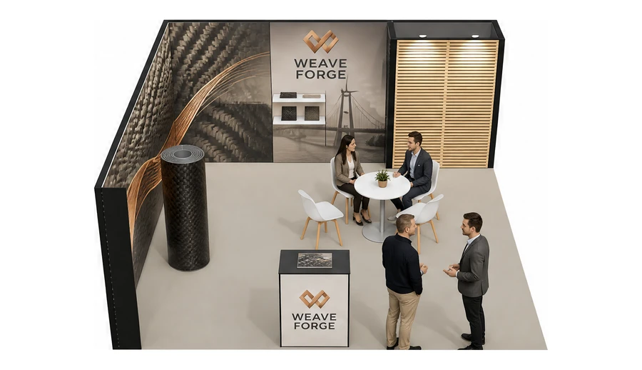 Stoisko 6 × 6 m narożne lewe dla branży materiały kompozytowe, przykładowa marka Weave Forge