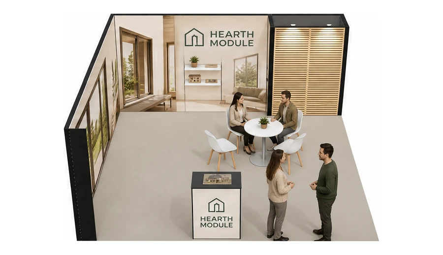 Stoisko 6 × 6 m narożne lewe dla branży domy modułowe i prefabrykacja, przykładowa marka Hearth Module