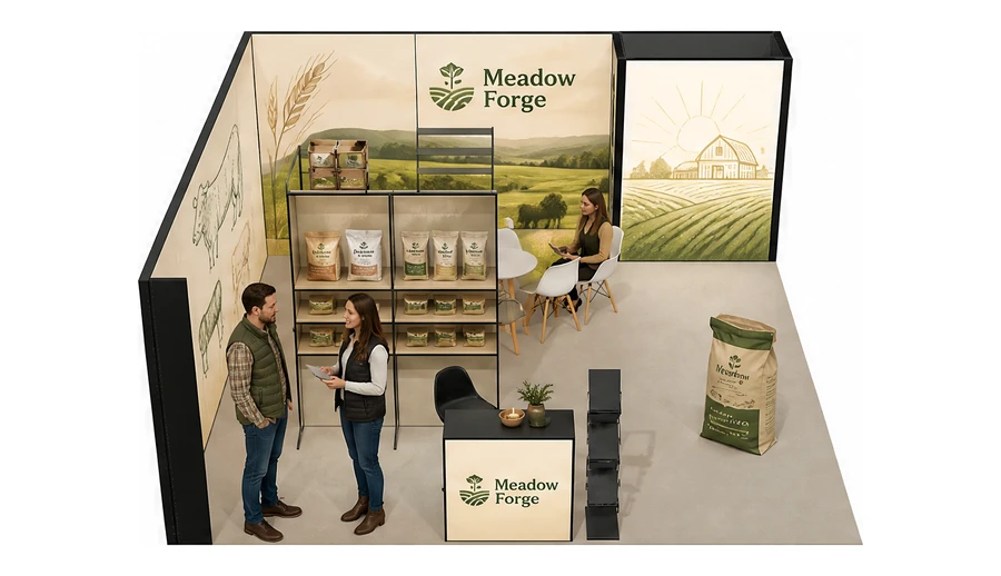 Stoisko 6 × 6 m narożne lewe dla branży hodowla i pasze, przykładowa marka Meadow Forge
