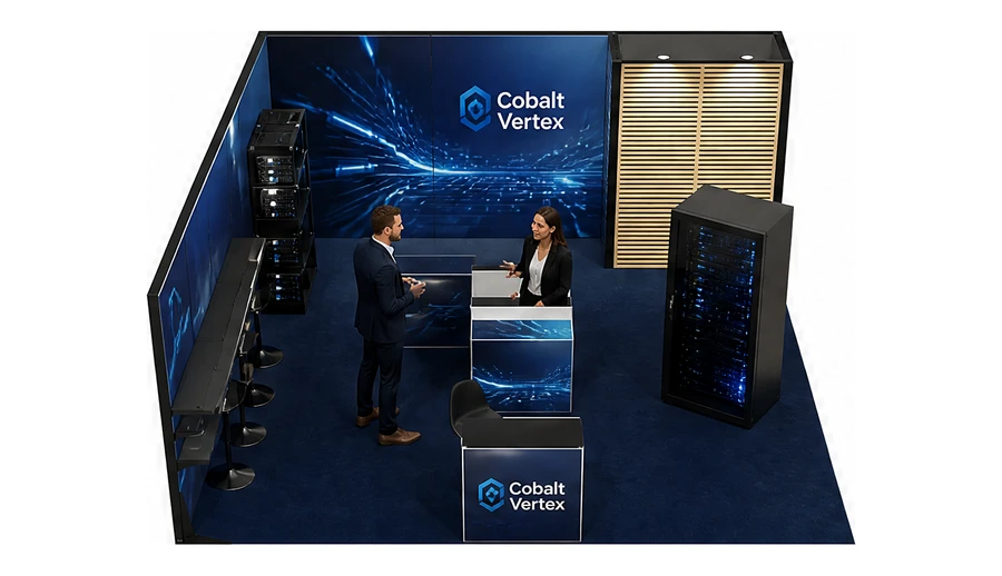 Stoisko 6 × 6 m narożne lewe dla branży infrastruktura IT i data center, przykładowa marka Cobalt Vertex
