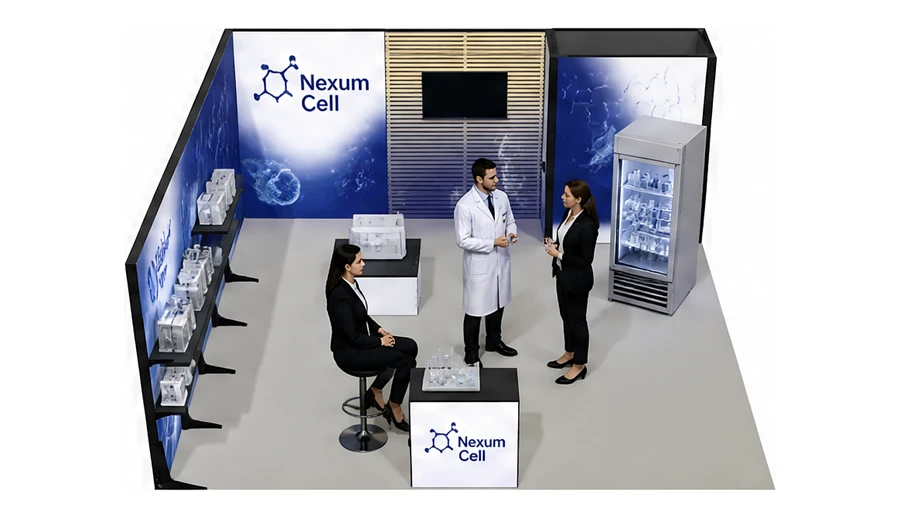 Stoisko 6 × 6 m narożne lewe dla branży farmacja i biotechnologia, przykładowa marka Nexum Cell
