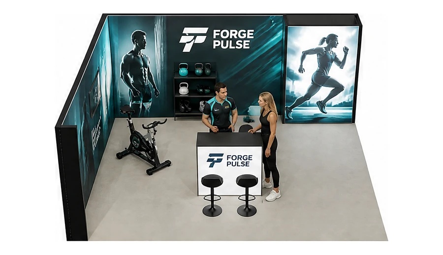 Stoisko 6 × 6 m narożne lewe dla branży fitness i siłownie, przykładowa marka Forge Pulse