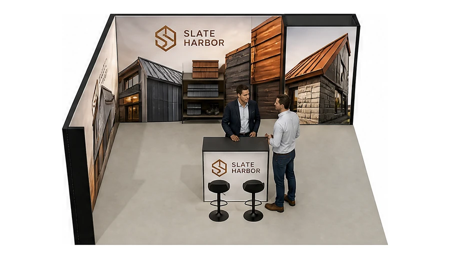 Stoisko 6 × 6 m narożne lewe dla branży dachy i elewacje, przykładowa marka Slate Harbor