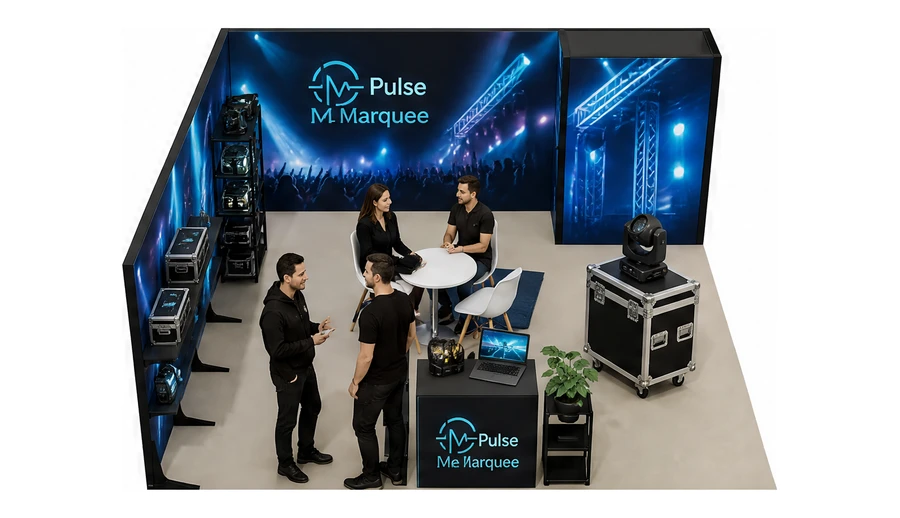 Stoisko 6 × 6 m narożne lewe dla branży branża eventowa, przykładowa marka Pulse Marquee