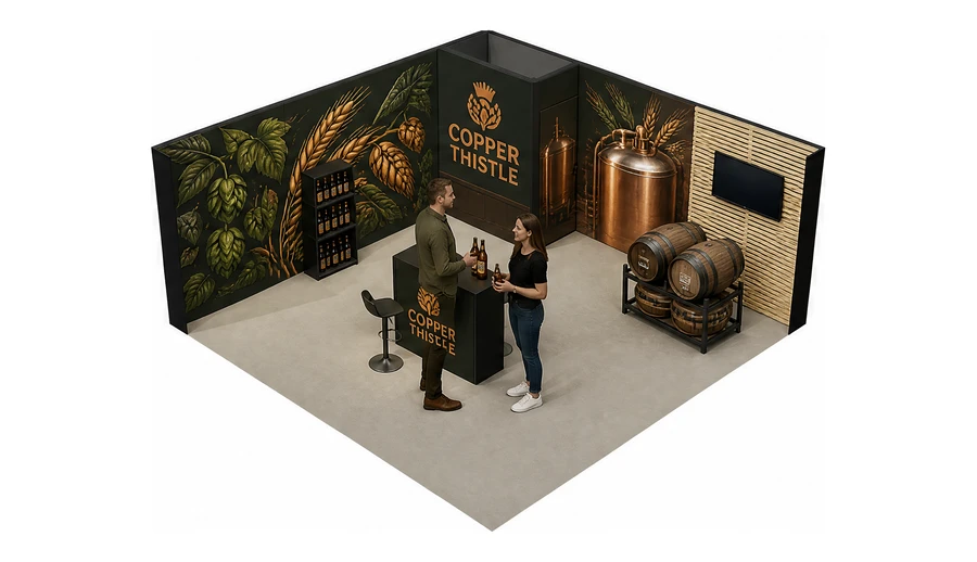 Stoisko 6 × 6 m narożne lewe dla branży browar rzemieślniczy, przykładowa marka Copper Thistle
