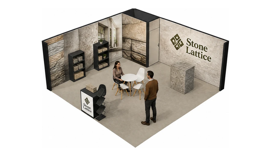Stoisko 6 × 6 m narożne lewe dla branży kamień i kamieniarstwo, przykładowa marka Stone Lattice