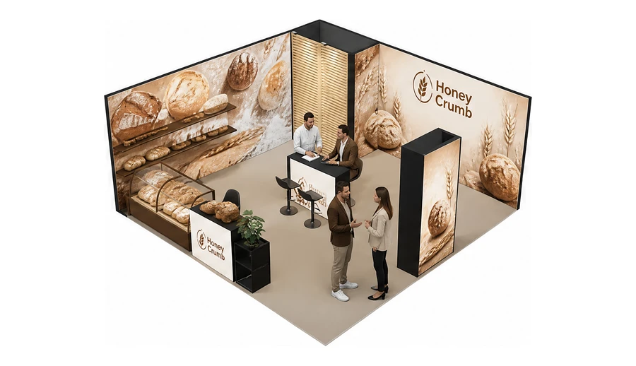 Stoisko 6 × 6 m narożne lewe dla branży piekarnictwo i cukiernictwo, przykładowa marka Honey Crumb