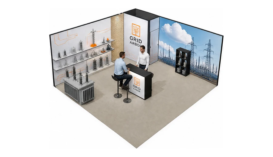 Stoisko 6 × 6 m narożne lewe dla branży energetyka i sieci, przykładowa marka Grid Arbor