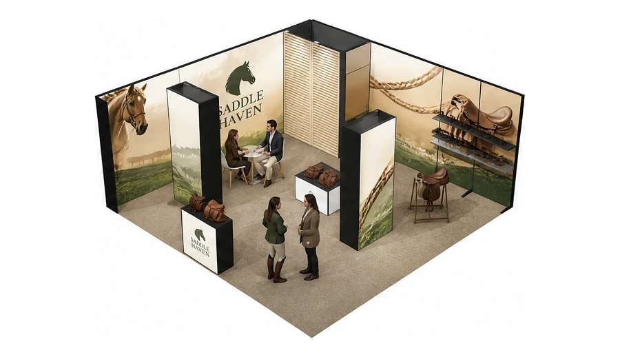 Stoisko 6 × 6 m narożne lewe dla branży jeździectwo, przykładowa marka Saddle Haven