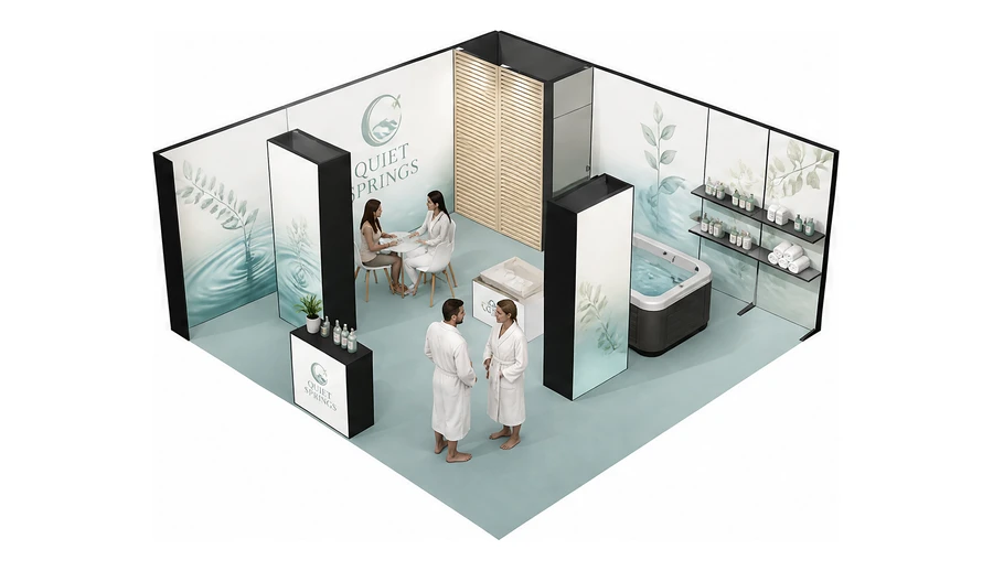 Stoisko 6 × 6 m narożne lewe dla branży spa i wellness, przykładowa marka Quiet Springs