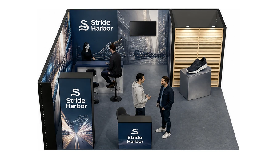 Stoisko 6 × 6 m narożne lewe dla branży obuwie, przykładowa marka Stride Harbor
