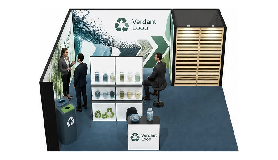 Stoisko 6 × 6 m narożne lewe dla branży recykling i ochrona środowiska, przykładowa marka Verdant Loop