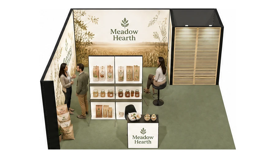 Stoisko 6 × 6 m narożne lewe dla branży żywność ekologiczna, przykładowa marka Meadow Hearth