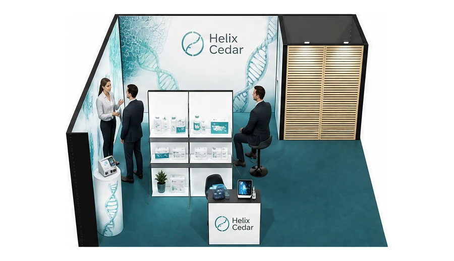 Stoisko 6 × 6 m narożne lewe dla branży farmacja i biotechnologia, przykładowa marka Helix Cedar