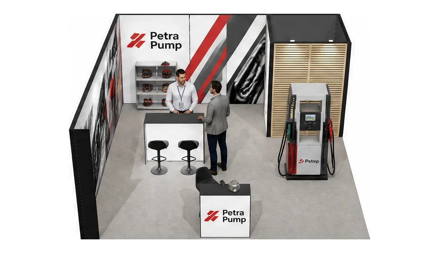 Stoisko 6 × 6 m narożne lewe dla branży stacje paliw, przykładowa marka Petra Pump
