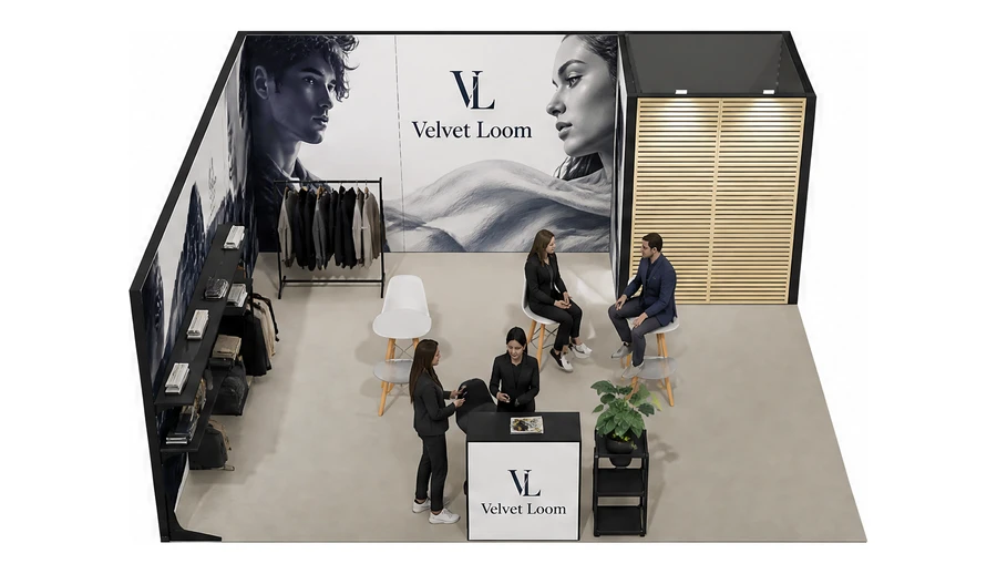 Stoisko 6 × 6 m narożne lewe dla branży odzież i moda, przykładowa marka Velvet Loom