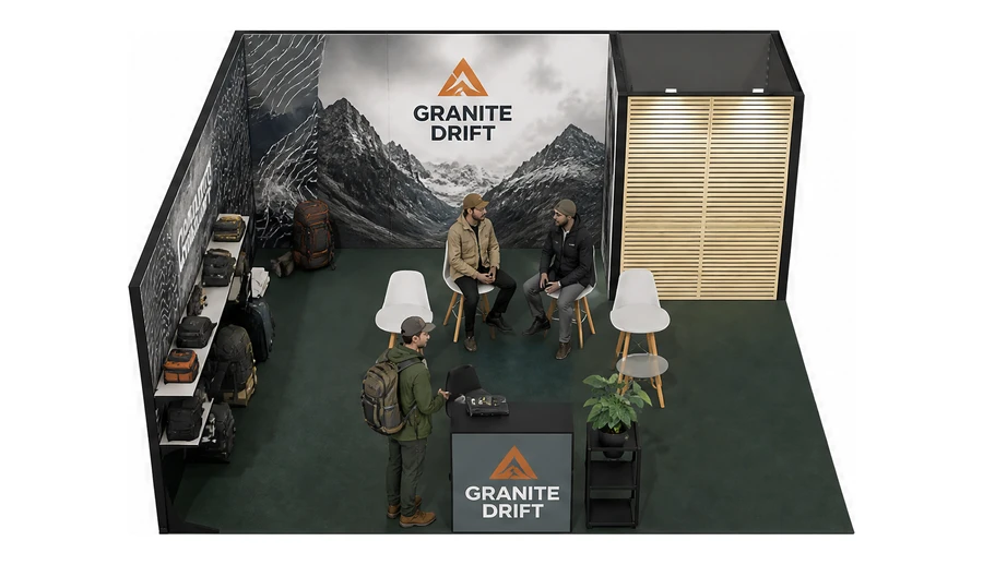 Stoisko 6 × 6 m narożne lewe dla branży odzież i sprzęt outdoorowy, przykładowa marka Granite Drift